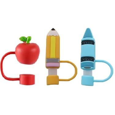 Imagem de Topos de palha de silicone com tema escolar de resina e palheta para copos Stanley, 10 mm, conjunto de 3, lápis, maçã, giz de cera
