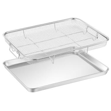 Imagem de TeamFar Cesta de fritadeira a ar para forno, cesta e bandeja de fritadeira a ar de aço inoxidável de 40,6 x 30,5 cm, rack de fritadeira a ar para forno com assadeira para cozinhar, grelhar, serviço