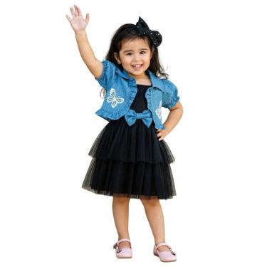 Imagem de Conjunto Infantil Vestido Preto Casaquinho Jeans Borboletas
