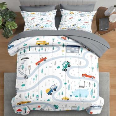 Imagem de Conjunto de edredom Pamnest Cute Car City Bedding Queen Size 7 unidade