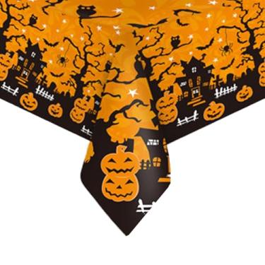 Imagem de Toalhas de mesa de plástico de Halloween para mesas retangulares, capa de mesa de plástico para decoração de festas, 6 a 8 pessoas, toalhas de mesa descartáveis à prova d'água, design de abóbora e
