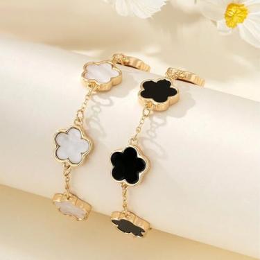 Imagem de Conjunto de 2 pulseiras florais da sorte para mulheres, design elegante de elos de corrente de flores, joias charmosas e atemporais, ótimo para uso diário e eventos especiais, Adjustable, Liga