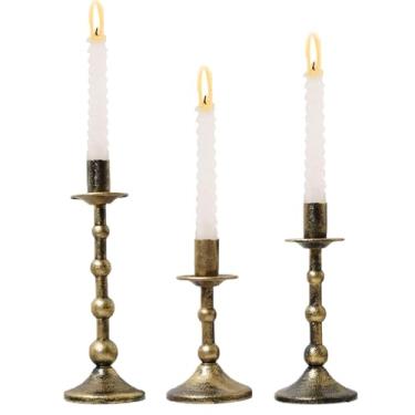Imagem de Castiçais de metal de ferro para centro de mesa antigo 3 peças de velas cônicas douradas coluna romana vintage decoração decorativa para jantar de inauguração de casa de casamento, lareira de festa