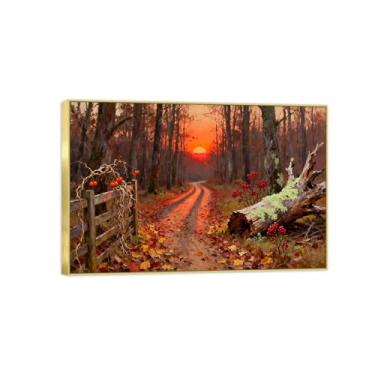 Imagem de BMZFYBS Arte de parede de outono paisagem imagem caminho árvore pôr do sol impressões em tela vintage pintura moldura dourada para sala de estar decoração de casa de fazenda 20x30cm8x12in