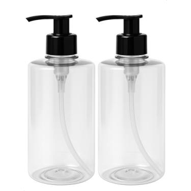 Imagem de Kit 2 Saboneteira Pump Preta Refil Frasco Cilindrico 300ml Creme Shampoo Sabão Liquido Sabonete