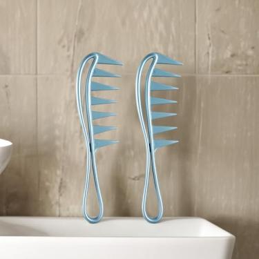 Imagem de Pente de dentes largos, 2 peças de pentes de dentes grandes, pentes de cabelo de tubarão, pentes de cabelo, penteados, ferramenta de penteado para cabelos cacheados molhados e ondulados