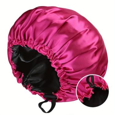 Imagem de 1 gorro ajustável de cetim dupla face, touca de cabelo clássica de poliéster | Chapéu de dormir e chuveiro sem óleo com elástico (rosa vermelha + preto)