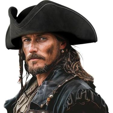 Imagem de lckellong Chapéu de pirata masculino adulto roupa de pirata chapéu de festa preferido vestido Halloween chapéu triângulo colônia, Preto, tamanho �nico