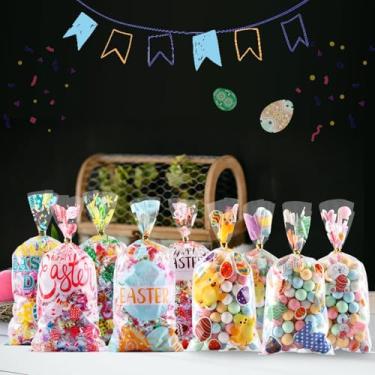 Imagem de 50 unidades de sacos de guloseimas de celofane de Páscoa com laços torcidos, sacos de lembrancinha de festa de Páscoa para doces, biscoitos, lanche de chocolate
