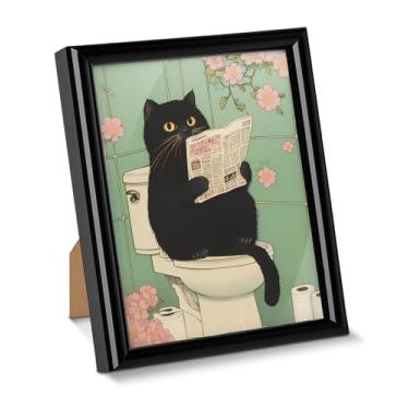 Imagem de Pôster de arte de parede de gato engraçado no vaso sanitário imagem com estampa floral japonesa para decoração de mesa, pintura estética emoldurada para decoração de mesa de parede de casa de banho 15