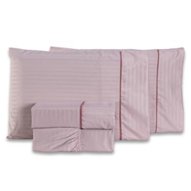 Imagem de Jogo de Cama Lençol CASAL Mônaco Fitado com Fronhas 04 Peças - Tecido Listrado Percal Soft 300 Fios Acetinado Brilhante (Rosê)