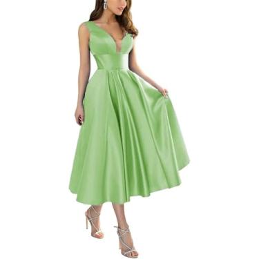 Imagem de Vestidos Formais De Cetim De Comprimento De Chá Para Mulheres Decote Em V Profundo A Line Prom Bridesmaid Dress, Sage Green, 6