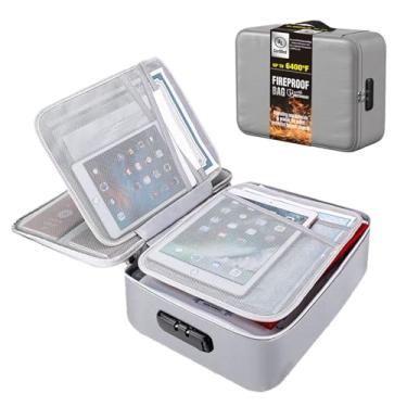 Imagem de Yeetenolov Bolsa à prova de fogo com fechadura, organizador de documentos à prova d'água à prova de fogo para armazenamento seguro – Estojo de armazenamento de arquivos de grande capacidade para casa