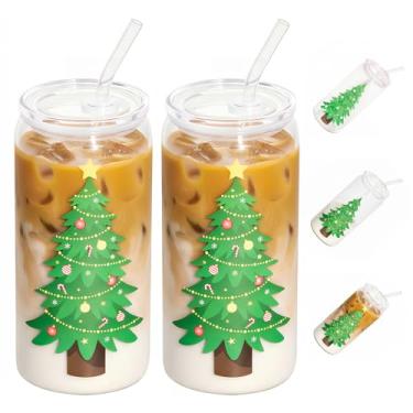 Imagem de SUREPHON Presentes de Natal, copos de vidro de Natal que mudam de cor com tampas e canudo, copos de vidro de café gelado para festas de fim de ano (pacote com 2)
