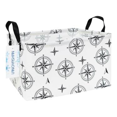 Imagem de LANGYASHAN Cesto de armazenamento retangular de tecido de lona dobrável com alças para organizar cozinha doméstica meninos e meninas brinquedos escritório armário prateleira cestas (Bússola preta)