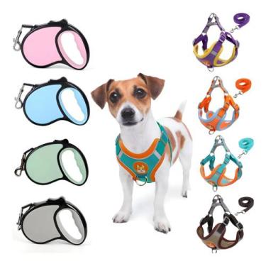 Imagem de Kit Coleira Peitoral Colete Cores Cachorro Pequeno E Gato + Guia Retra