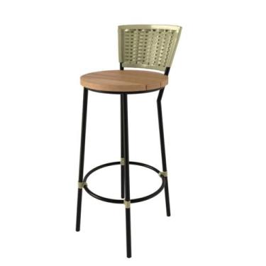 Imagem de Banqueta Líbia Aço Preto Com Encosto Assento Peroba Rosa Junco Verde M