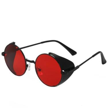 Imagem de JRLLFD Óculos de sol redondos cyberpunk com revestimento de metal, óculos de sol femininos, luxuosos, clássicos, masculinos, para dirigir ao ar livre, UV400 (preto e vermelho)