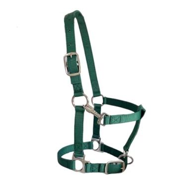 Imagem de ALLZSMOOTHLY Cabresto de cavalo de nylon macio resistente, acolchoado e ajustável, cabides de gancho de pressão para queixo e garganta para cavalos, fivela de metal resistente - verde escuro