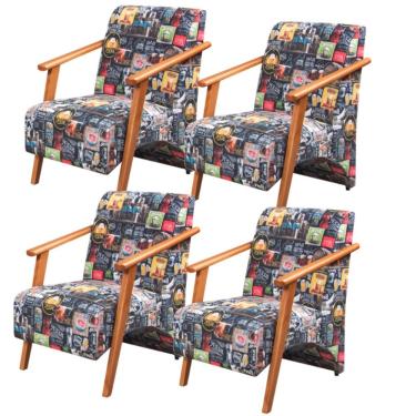 Imagem de Kit 4 Poltronas Venus 1 Lugar Braço Madeira Maciça Tecido Suede Retro Bar 107