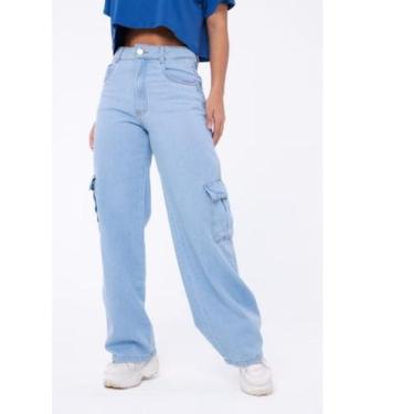 Imagem de calça feminina wide leg cargo jeans a sarja polso da perna - Kf, Azul 