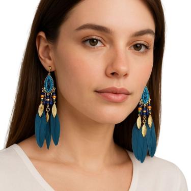 Imagem de Brinco Pressão Étnico com Penas Azul e Detalhes Dourados