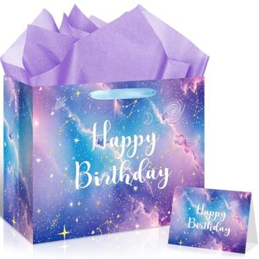 Imagem de Sacos de presente de aniversário de galáxia espacial, sacos grandes de lembrancinhas de festa galáxia com cartão de felicitações e papel de seda roxo claro espaço estrelas planeta papel de embrulho