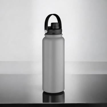 Imagem de Garrafa Térmica de Parede Dupla em Aço Inox, 1,1L, Cinza com Alça, Tampa com Rosca