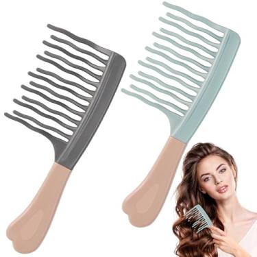 Imagem de 2 Pentes de dentes largos para pente de desembaraçamento encaracolado com fileira dupla, pente de cabelo grande espesso para cabelo cacheado, ondulado, grosso, longo, molhado, seco, sem danos ao