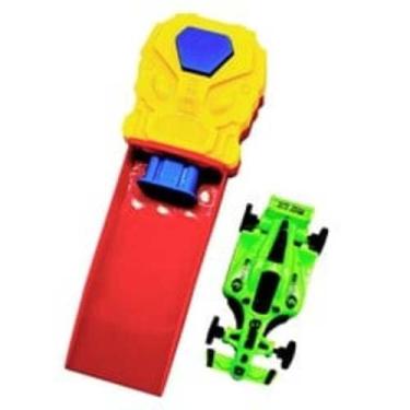 Imagem de Mini Carro de Corrida com Lançador, Brinquedo Infantil em Plástico, 6,5cm, Verde e Vermelho, Kit com Veículo e Base