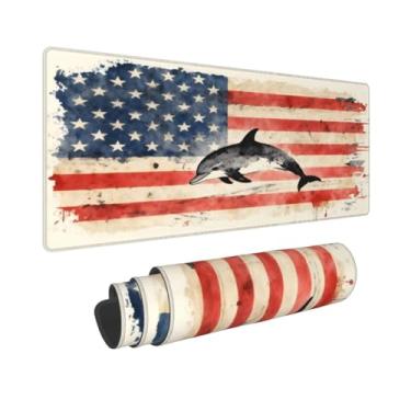 Imagem de CANFLASHION Tapete de mouse com bandeira americana, tapete de mesa de escritório 80 x 29 cm, mouse pad grande para jogos com design golfinho, GG estendido à prova d'água para computador com base de