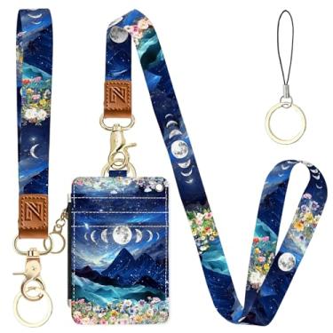 Imagem de Porta-crachá de identidade 2 em 1 Flower Mountain Moon e carteira com cordão para professores, enfermeiras, profissionais - linda bolsa de moedas com zíper, alça de pulso removível e cordão de pescoço
