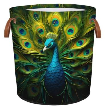 Imagem de Mozaigos Cesto de lavanderia pavão, impermeável, dobrável, com alças, tecido oxford, bolsa de roupas sujas para banheiro, quarto, sala de estar
