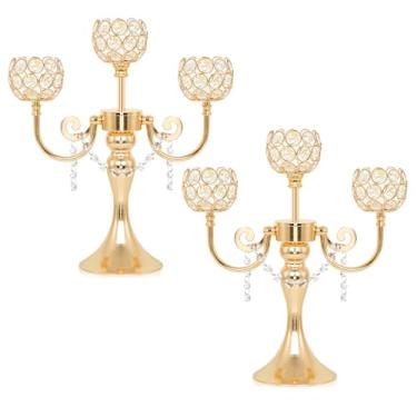 Imagem de Candelabro de metal dourado de 3 braços com tigelas de cristal, suporte de chá de mesa central para aniversário, mesa de jantar, decoração de festa, Natal e decoração de casa (2, ouro)