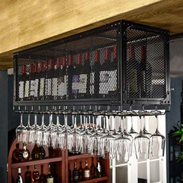 Imagem de Prateleiras de vinho montadas no teto, suporte de garrafa de vinho vintage preto pendurado, prateleiras de taça, suporte de armazenamento de armário de vinho de grade de metal (tamanho: 60 × 35 cm ×