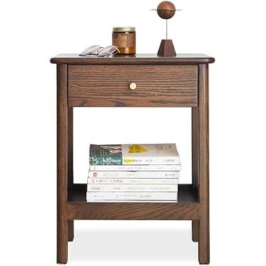 Imagem de Mesa de cabeceira simples, mesa de cabeceira lateral, quarto, armários de cabeceira modernos de madeira maciça com prateleira e gaveta para armazenamento (cor nogueira)