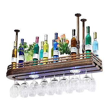 Imagem de ZJYWMM Rack de vinho de madeira, armário de vinho suspenso de estilo industrial, prateleiras duplas, barra suspensa, cálice de vinho doméstico de cabeça para baixo (tamanho: 80 * 27 cm)