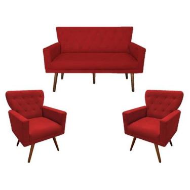 Imagem de Kit Namoradeira + 2 Poltronas Decorativa Aurora Suede Vermelho Pés Mad