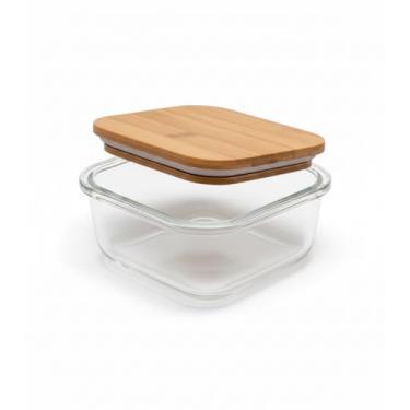 Imagem de Pote de Vidro Quadrado 320ml Tampa de Bambu Hermética