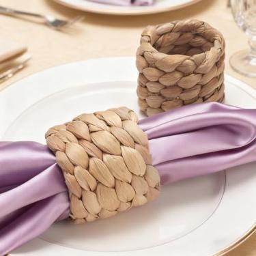 Imagem de Conjunto de 2 anéis de guardanapo, rústicos de vime inspirados na fazenda e na praia para decoração de mesa elegante (cor natural)