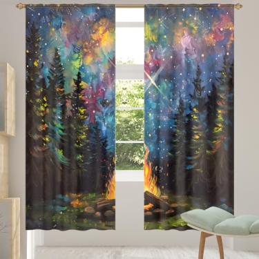 Imagem de 2 conjuntos de painéis de cortinas transparentes com céu estrelado e árvore, cortinas transparentes e arejadas, com filtro leve, painéis de cortina de porta e janela para sala de estar, quarto, jantar