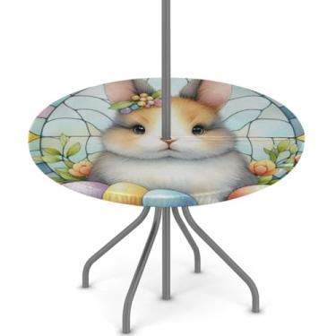 Imagem de hongjinglin Toalha de mesa de Páscoa para uso ao ar livre com orifício para guarda-chuva, toalha de mesa redonda elástica com zíper, impermeável, limpável, para piquenique, festa, pátio, serve para