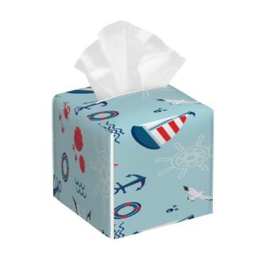 Imagem de Capa quadrada de couro para caixa de lenços à prova d'água com estampa de âncora de veleiro, organizador de papel facial com cinto inferior, estojo de lenços para mesa, banheiro, escritório, mesa