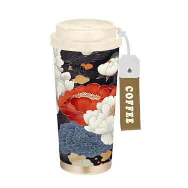 Imagem de SEHANY Caneca de viagem Pretty Peony Flowers 482 g Copos de café reutilizáveis revestidos de cerâmica com tampa à prova de vazamento, parede dupla, isolamento a vácuo, copo de café de aço inoxidável