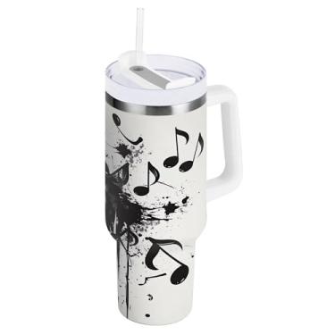 Imagem de xigua Music Notes Copo de 850 g com tampa e canudo, aço inoxidável de vácuo duplo isolado garrafa de água esportiva suporte para copo de café de viagem à prova de vazamento para bebida gelada