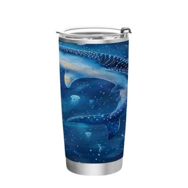 Imagem de Blueangle Copo de 590 ml com tampa e canudo, copo de café com água isolada a vácuo de aço inoxidável, caneca de viagem de baleia azul, copo térmico para bebidas quentes e frias (266)
