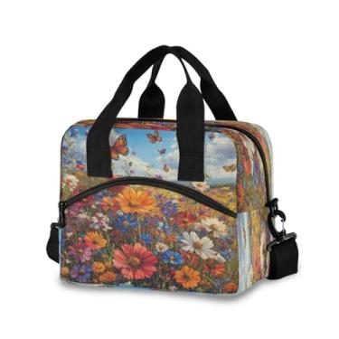 Imagem de Blueangle Lancheira isolada com estampa de prado de flores silvestres coloridas, alça de ombro removível e alça - lancheira reutilizável para homens e mulheres (415)
