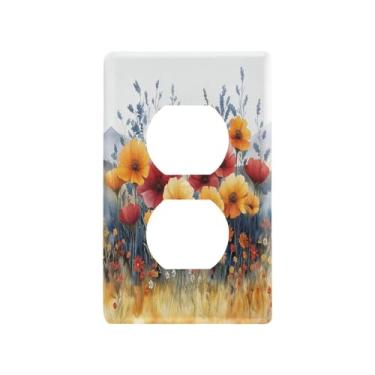 Imagem de Blueangle Placa de parede de tomada dupla de flores silvestres coloridas, tamanho padrão, placas de cobertura de tomada elétrica de 1 gangue para decoração de quarto de escritório em casa, 4,53 x 2,76