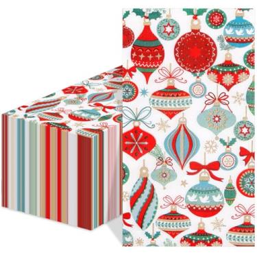 Imagem de Pacote com 50 guardanapos de papel de Natal toalhas de mão descartáveis vintage lâmpada bola ramo de pinheiro guardanapos de papel jantar de inverno guardanapo de mão para suprimentos de festa de