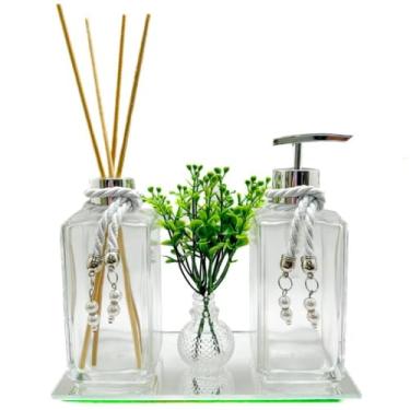 Imagem de Kit Frascos de Vidro Para Lavabo Luxo Cristal 250ml com Difusor, Saboneteira, Bandeja Espelhada, Vaso com Folhagem e Varetas(PRATA)